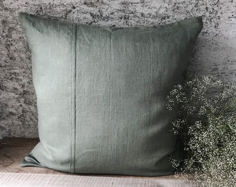 Stonewashed linen pillow cases in forest green with decorative seam/dark green Linen cushion cover with hidden zipper/linen pillow sham