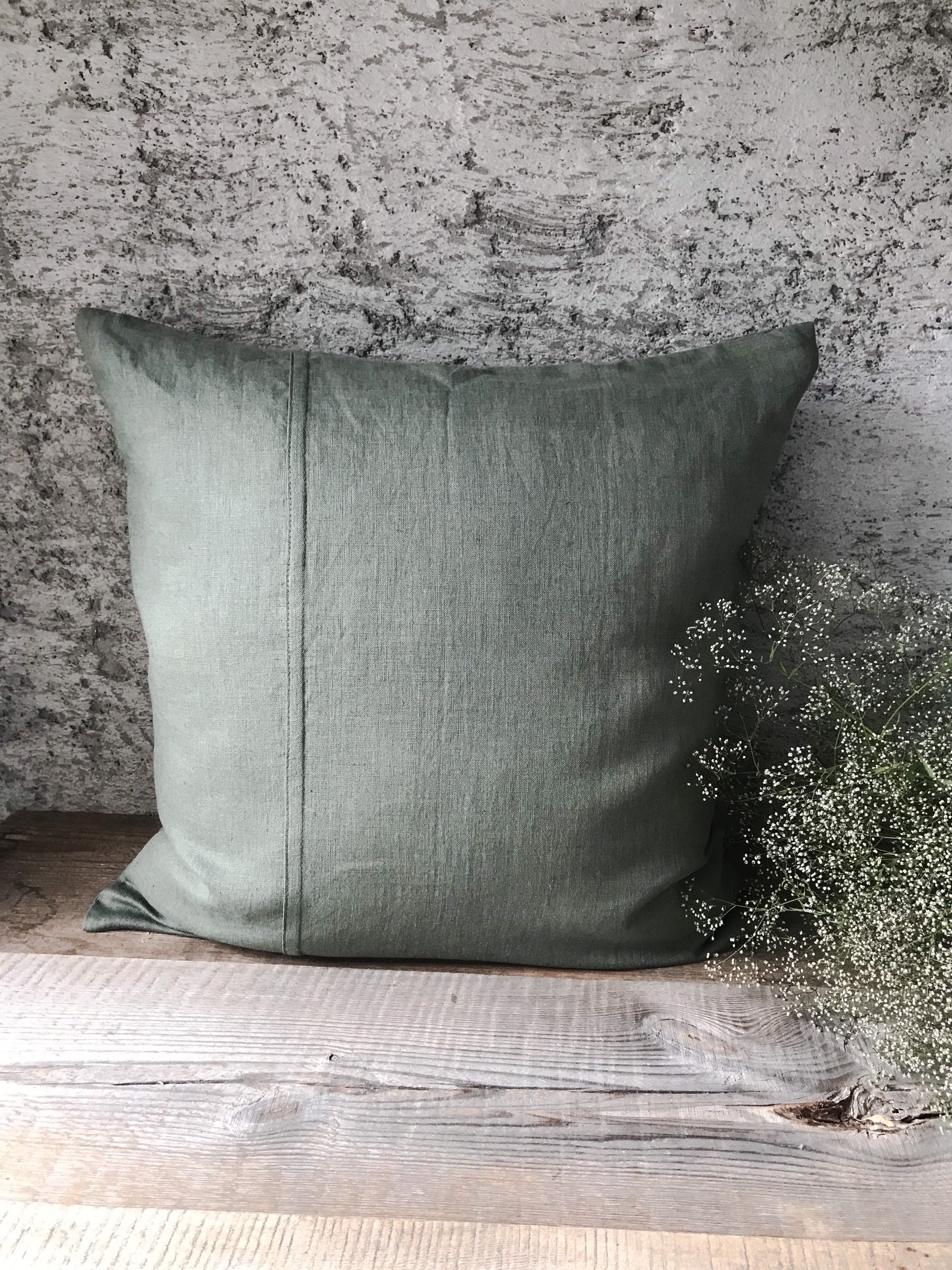 Set of 2,4 and 6 Stonewashed linen pillow cases in forest green with decorative seam/Linen cushion covers with hidden zipper/free shipping