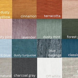 May include: A color chart showing 16 different fabric swatches in various colors and textures, including dusty yellow, cinnamon, terracotta, coral, dusty pink, lavender, dusty mint, forest green, light blue, dusty turquoise, blue melange, classic blue, natural, charcoal gray, off white, and gray melange.