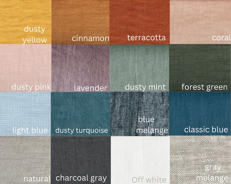 May include: A color chart showing 16 different fabric swatches in various colors and textures, including dusty yellow, cinnamon, terracotta, coral, dusty pink, lavender, dusty mint, forest green, light blue, dusty turquoise, blue melange, classic blue, natural, charcoal gray, off white, and gray melange.