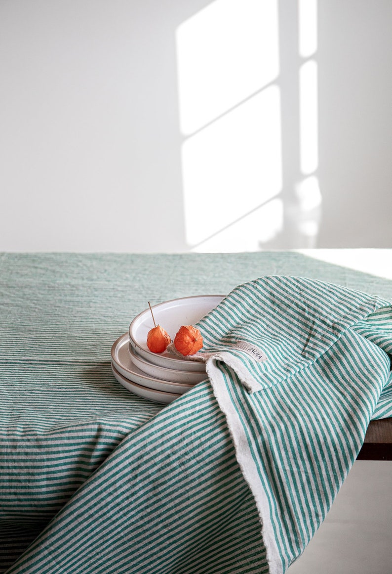 Striped Linen Tablecloth in different colors/raw edge striped softened linen tablecloths/Dinner Tablecloth/Free shipping image 1