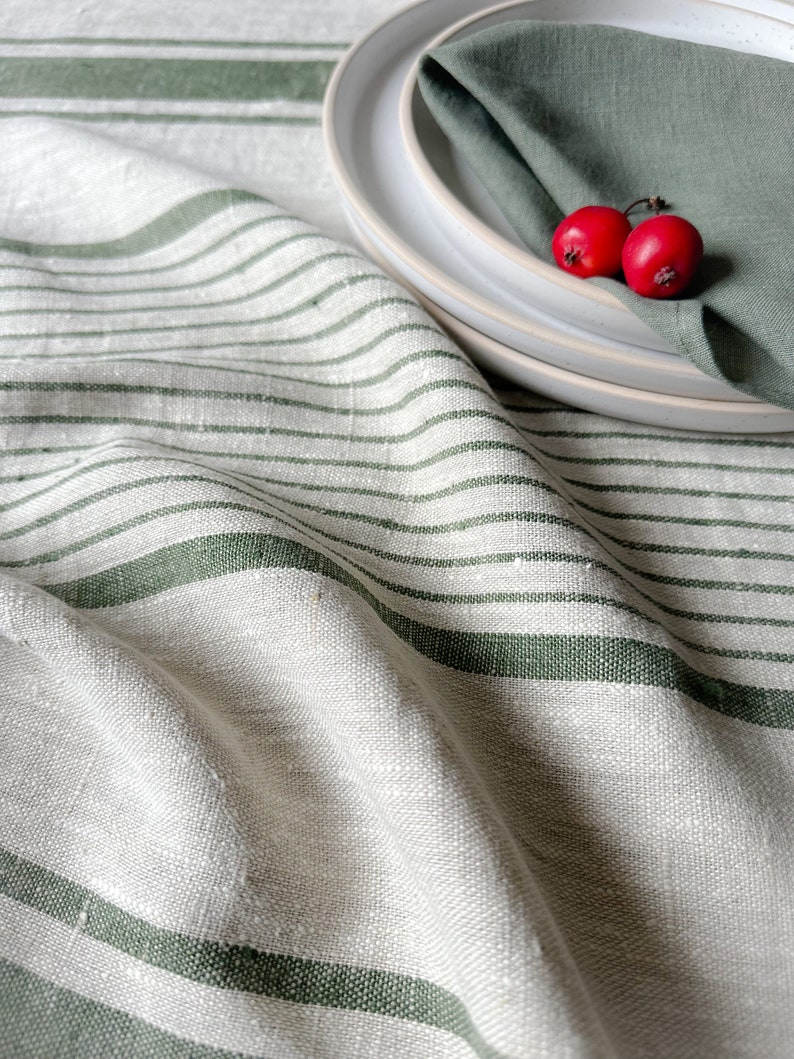 Rustic natural linen tablecloth in blue, black, green and red stripes/grain sack linen tablecloth/linen farm style tablecloth/free shipping image 5