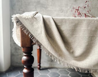 Raw edge linen tablecloth in gray melange with fringes/stylish heavyweight linen tablecloth/linen farm style tablecloth/EXPRESS SHIPPING