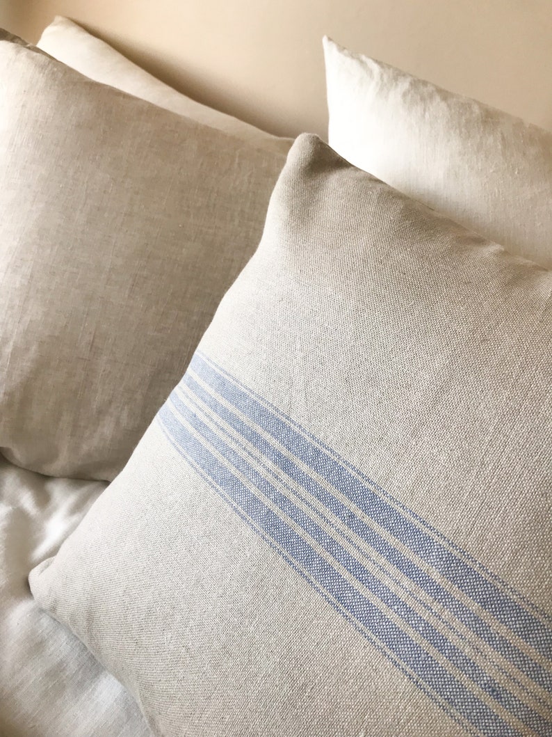 Rustic linen pillow case with blue stripe/Linen throw pillow cover/striped decorative pillow cover/grain sack pillow sham/free shipping image 4