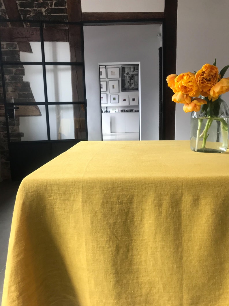 Stonewashed linen tablecloth in dusty yellow /softened linen tablecloth/Dinner Tablecloth in mustard yellow/free express shipping image 5