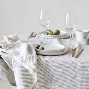 Washed Linen Tablecloth in beige white thin stripes/striped softened linen tablecloths/Dinner Tablecloth/Free shipping image 1