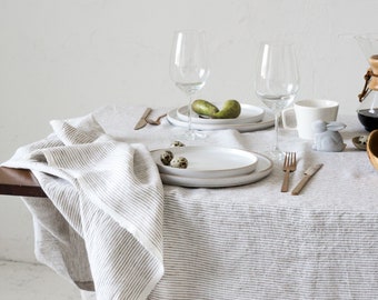 Washed Linen Tablecloth in beige white thin stripes/striped softened linen tablecloths/Dinner Tablecloth/Free shipping