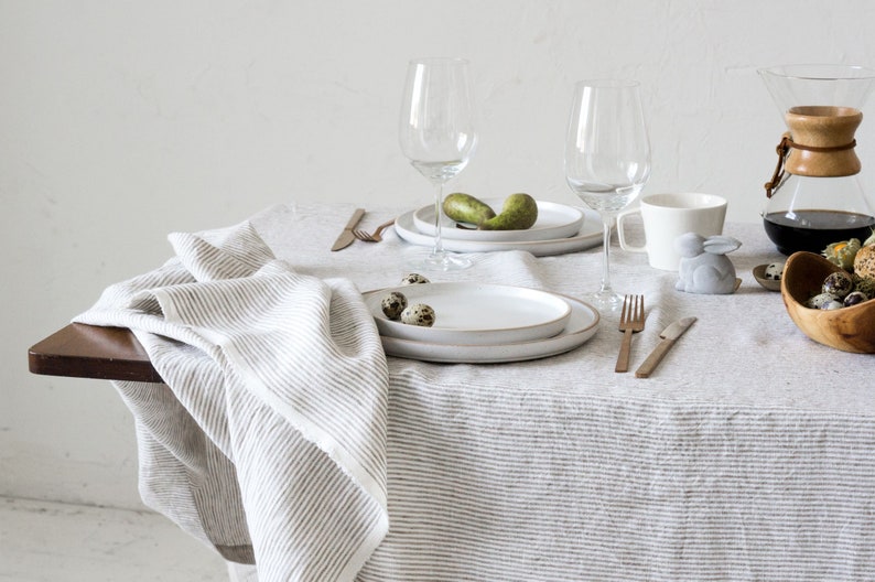 Washed Linen Tablecloth in beige white thin stripes/striped softened linen tablecloths/Dinner Tablecloth/Free shipping image 1