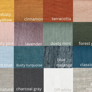 May include: A colour chart displaying 16 different fabric swatches in a variety of colours and textures, including dusty yellow, cinnamon, terracotta, coral, dusty pink, lavender, dusty mint, forest green, light blue, dusty turquoise, blue melange, classic blue, natural, charcoal grey, off white, and grey melange.