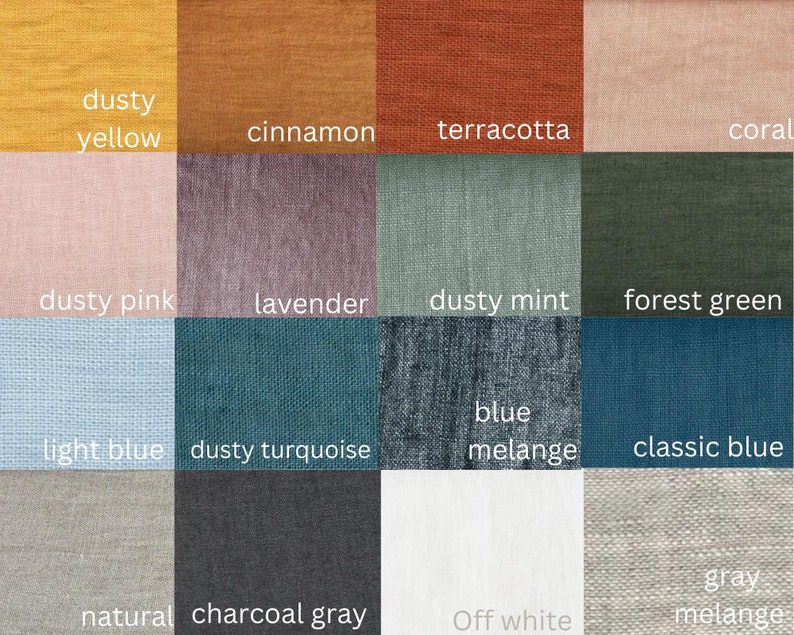 May include: A colour chart displaying 16 different fabric swatches in a variety of colours and textures, including dusty yellow, cinnamon, terracotta, coral, dusty pink, lavender, dusty mint, forest green, light blue, dusty turquoise, blue melange, classic blue, natural, charcoal grey, off white, and grey melange.