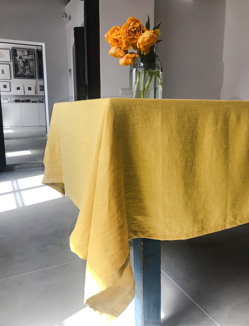 Stonewashed linen tablecloth in dusty yellow /softened linen tablecloth/Dinner Tablecloth in mustard yellow/free express shipping image 3