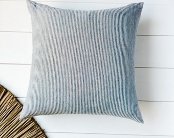 Softened linen pillow cases in rustic blue/natural stripes/Linen throw pillows in stripes/decorative linen sham