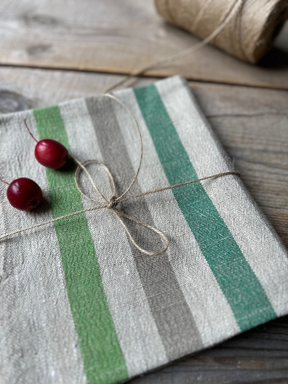 Handmade Linen tea towels with a hidden loop for hanging.