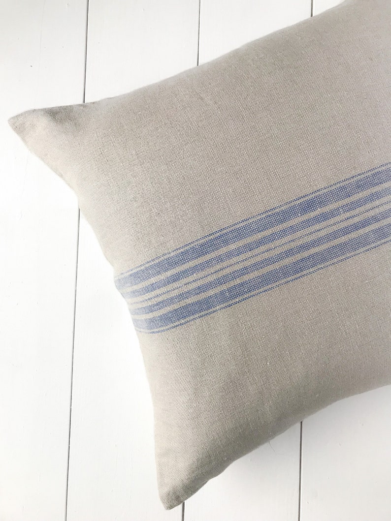 Rustic linen pillow case with blue stripe/Linen throw pillow cover/striped decorative pillow cover/grain sack pillow sham/free shipping image 3