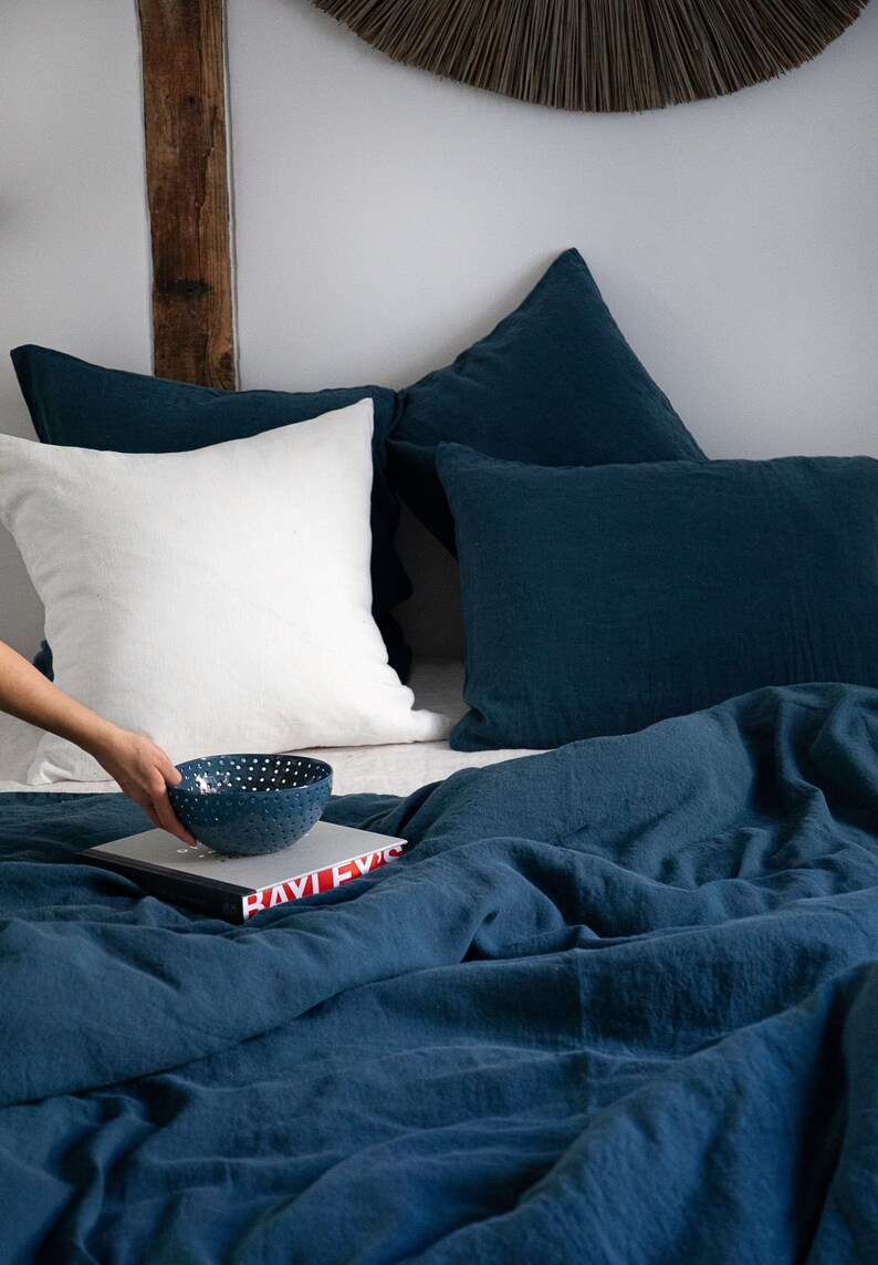 Dark blue linen duvet cover/Stonewashed linen bedding/linen duvet custom size in navy blue image 3