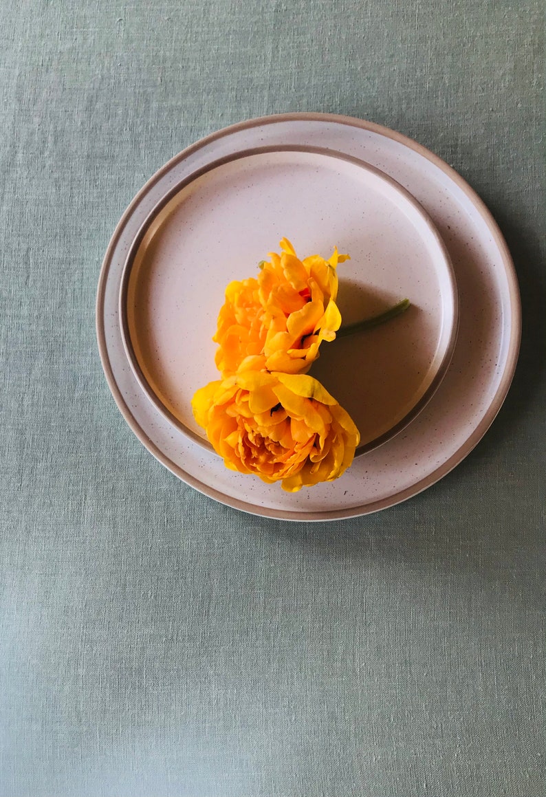 Puede incluir: Dos flores amarillas sobre un plato de cer&aacute;mica blanca con borde marr&oacute;n. El plato est&aacute; sobre un mantel de lino verde.