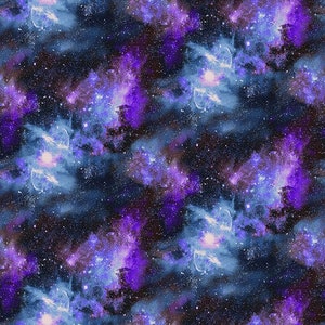 May include: A seamless pattern of a galaxy with blue, purple and pink nebulae against a dark blue background. The pattern is filled with stars.