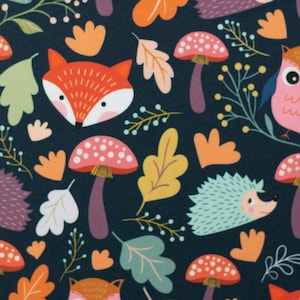May include: A dark blue fabric with a repeating pattern of foxes, hedgehogs, mushrooms, and leaves. The foxes are orange and white, the hedgehogs are blue and green, the mushrooms are red and white, and the leaves are green, yellow, and orange.