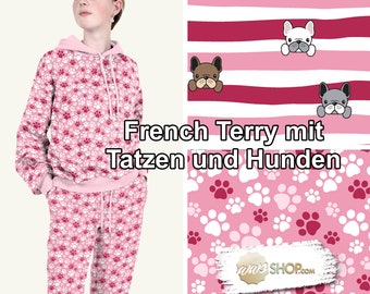 French Terry with cute French bulldogs or paws / paws in pink / pink motif dogs by the meter 0.5 m