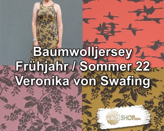 Baumwolljersey gemustert  koralle / hellviolett / senf / Veronika Frühjahr - Sommer 2022 Stoff von Swafing 0,5m