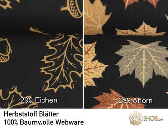 Herbststoff Blätter schwarz braun hellbraun Eiche Ahorn Baum Stoff Meterware 50 cm