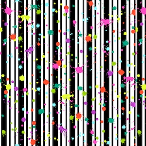 Könnte beinhalten: Schwarz-weißer gestreifter Hintergrund mit bunten Farbspritzern. Die Spritzer sind in verschiedenen Schattierungen von Pink, Grün, Blau, Gelb und Orange.