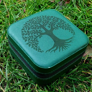 Handmade engraved leather green jewellery box Tree of Life Yoga Symbol Boho Design Jewellery Pagan Viking