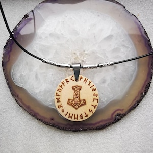 Handmade Wooden Viking Thor Hammer Engraved Charm Pendant Necklace Medallion