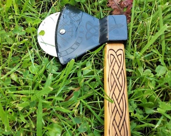 Handmade Axe Bamboo Handle Pizza Cutter Rotating Blade Viking Vegvisir Compass