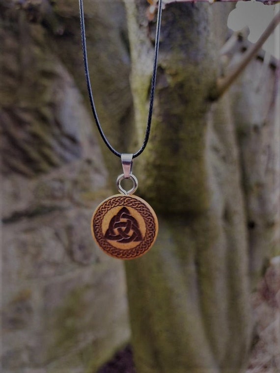 Handmade Wooden Triquetra Holy Trinity Engraved Charm Pendant Necklace  Medallion Celtic Viking
