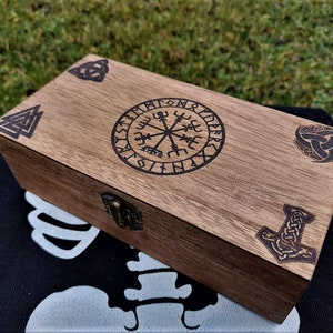 Handmade engraved wooden jewellery / organizer box Viking Vegvisir  Runic Compass Symbol Travel