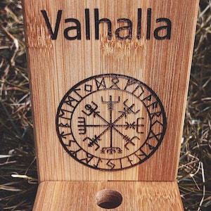 Handmade Engraved Wooden Bamboo Mobile Phone Stand GSM Bracket Holder with Viking Vegvisir Pagan