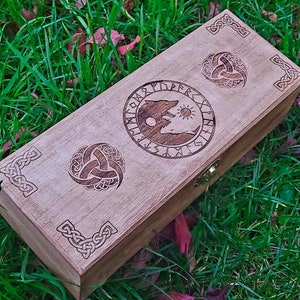 Handmade Engraved Wooden Jewelry Box: Viking Fenrir Runic Compass
