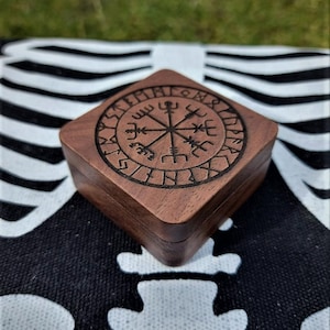 Handmade engraved Walnut wooden jewellery Wedding engagement box Viking Vegvisir  Runic Compass Symbol Travel jewelry