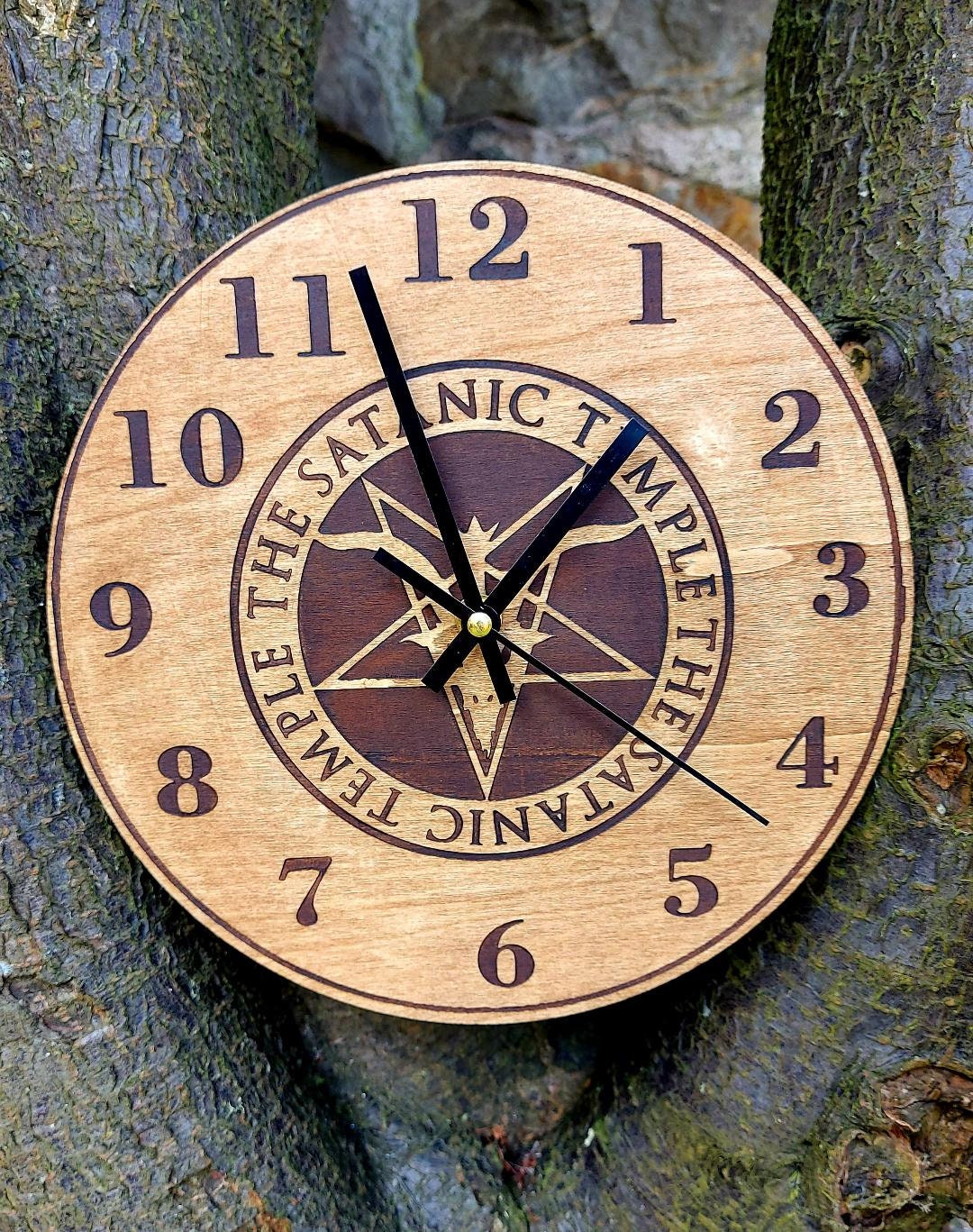 Demonologists Clocks Pattern Handmade Engraved Wooden Wall Clock Pentagram Baphomet Goat Head ...