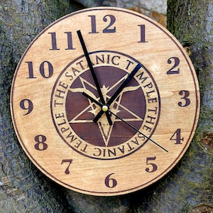 Handmade engraved wooden Wall Clock Pentagram Baphomet Goat Head Leviathan Cross Satan Devil
