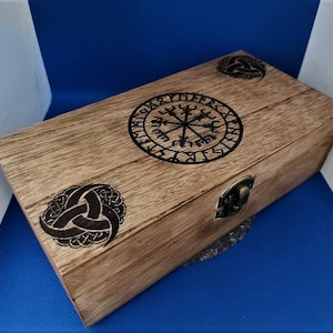 Handmade Engraved Wooden Jewelry Box: Viking Vegvisir Compass