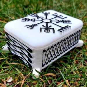 Handmade White and black Acrylic jewellery box with Norse Viking Vegvisir  Pagan Symbols
