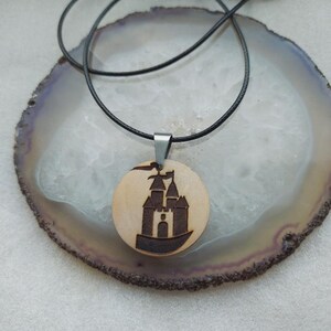 Handmade Wooden Castle Engraved Charm Pendant Necklace Medallion travel gift