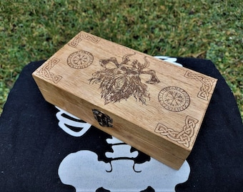 Handmade engraved wooden jewellery / organizer box Viking Warrior Vegvisir  Runic Compass Symbol Travel