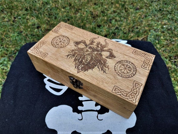 Handmade Engraved Wooden Jewellery / Organizer Box Viking Warrior Vegvisir  Runic Compass Symbol Travel 