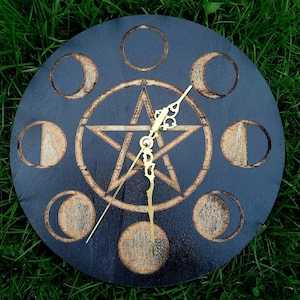 Handmade engraved wooden Wall Clock Wicca Witch Moon Pagan Viking Pentagram