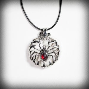 Handmade Stainless Steel Spider with red stone Pendant Necklace + Gift (black leather cord)