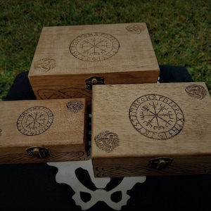 Handmade Engraved Wooden Jewelry Box Set: Viking Vegvisir Compass