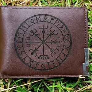 Portefeuille en cuir pour hommes solide court horizontal boussole Viking Vegvisir gravé à la main mince