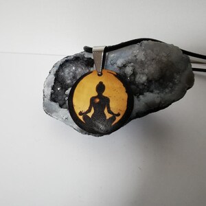 Handmade Wooden Yoga Engraved Charm Pendant Necklace Medallion + Gift (black leather cord)