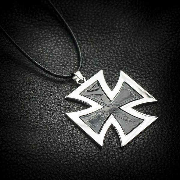 Handmade Stainless Steel Iron Cross Pendant Necklace Medallion + Gift (black leather cord)