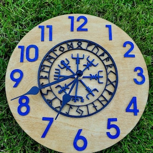 Handmade Engraved Wooden Wall Clock: Viking Vegvisir Compass