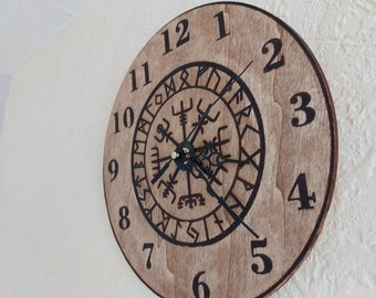 Handmade engraved wooden Wall Clock Viking Vegvisir  Runic Compass Symbol Travel