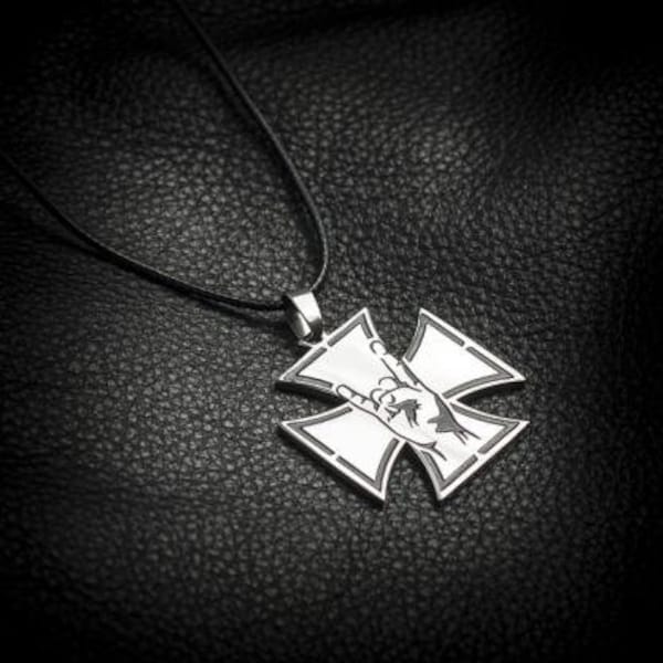 Handmade Stainless Steel Metal/Rock Iron Cross Pendant Necklace Medallion + Gift (black leather cord)